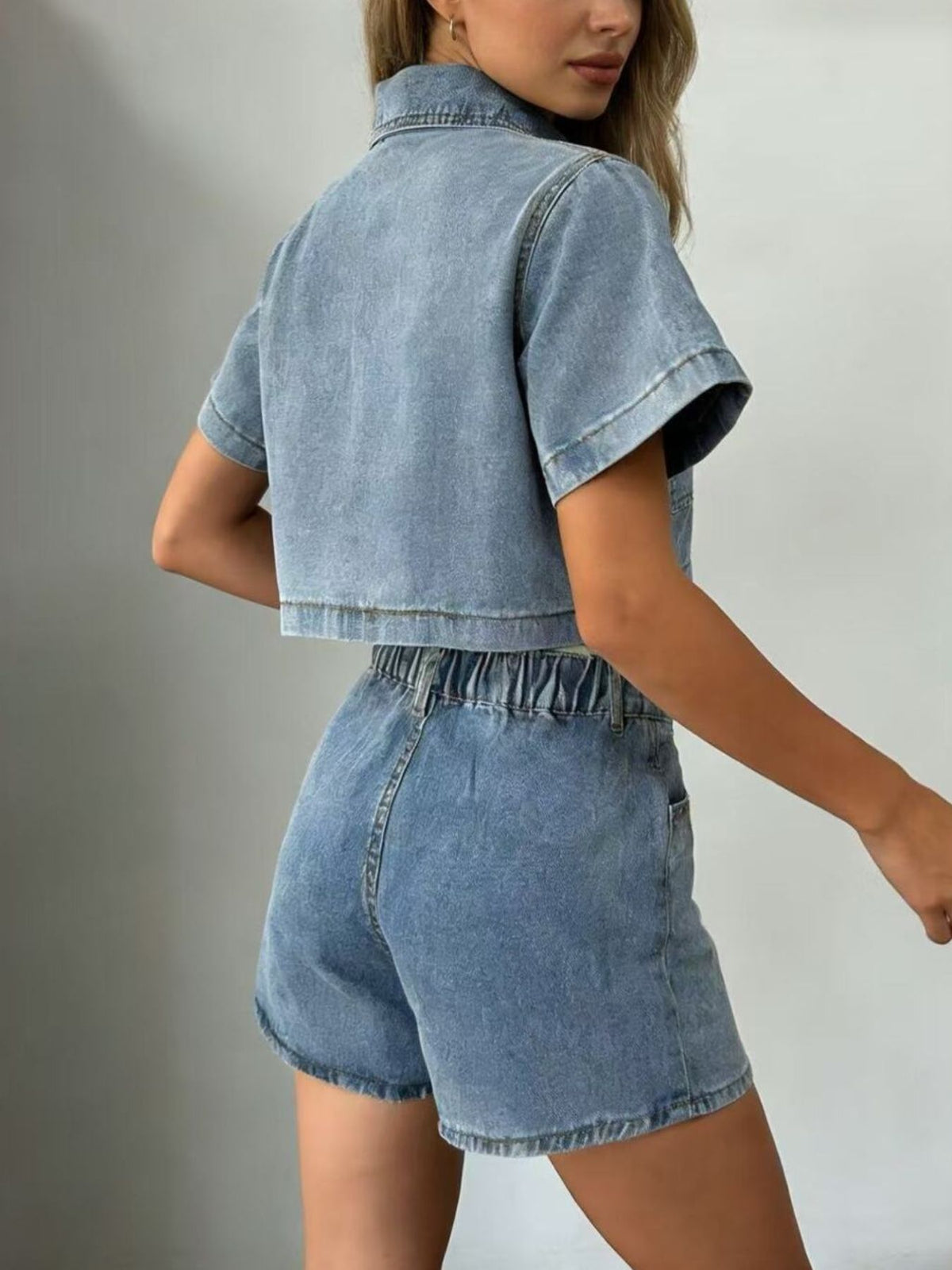 Cropped top and denim skort styling