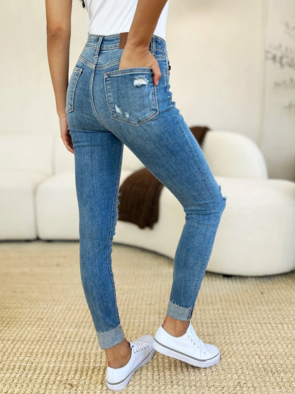 Judy Blue Full Size Mid Rise Destroy & Cuff Skinny Jeans - Fashorio