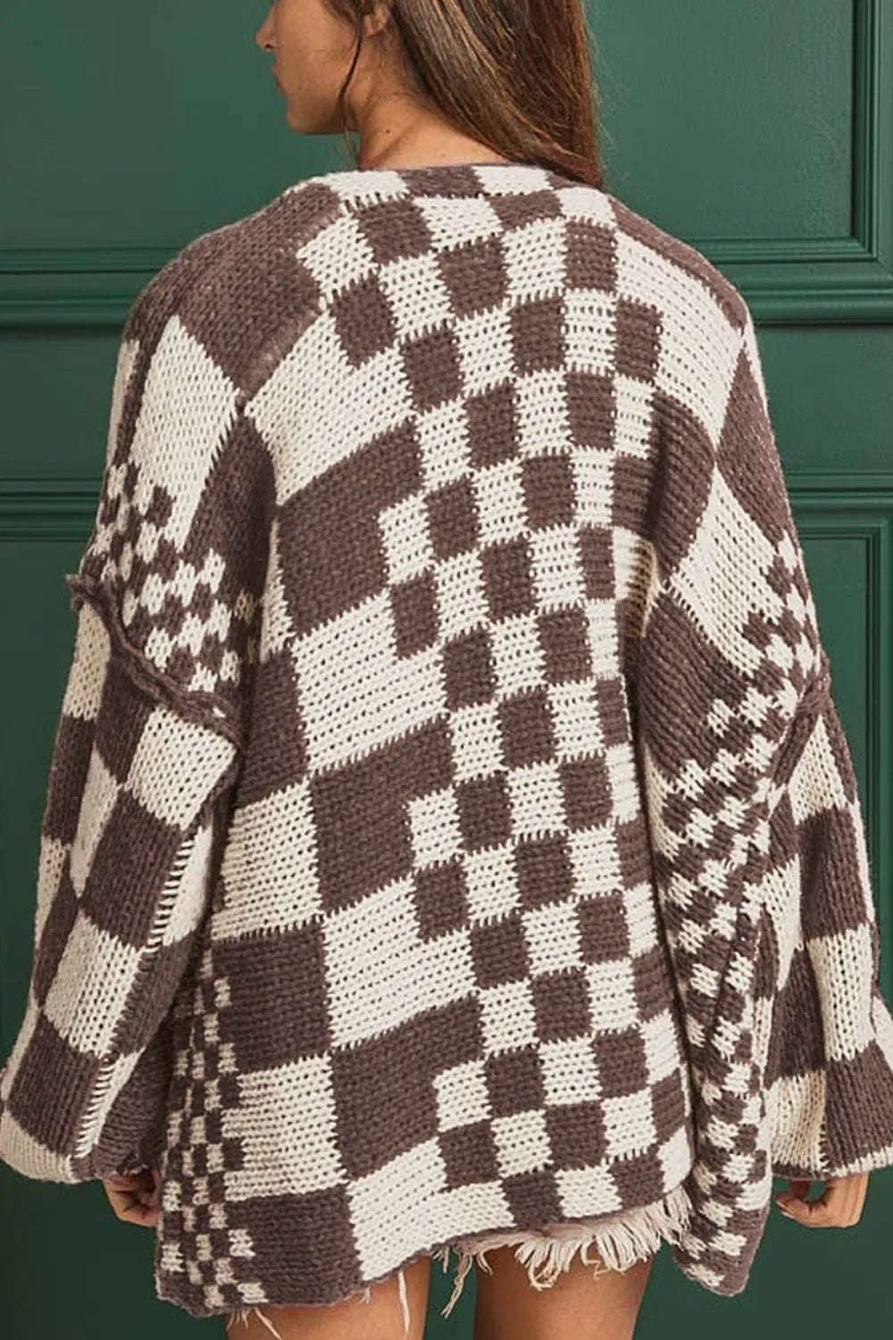 Checkered Open Front Long Sleeve Cardigan - Fashorio