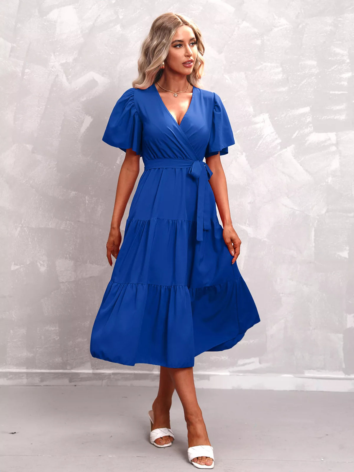 Flutter sleeve tiered midi dress fabric detail view