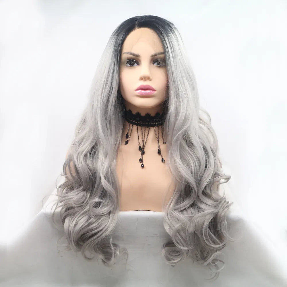 Black grey lace front wavy wig front view