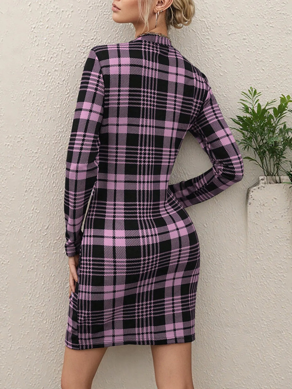 Plaid Long Sleeve Bodycon Mini Dress in Caramel view 9