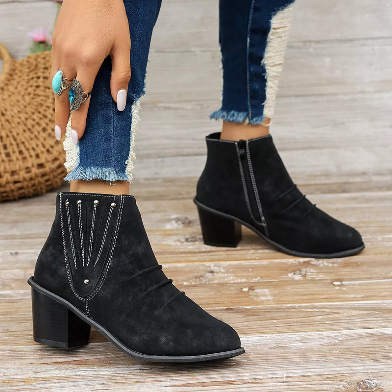 Suede point toe block heel boots side profile