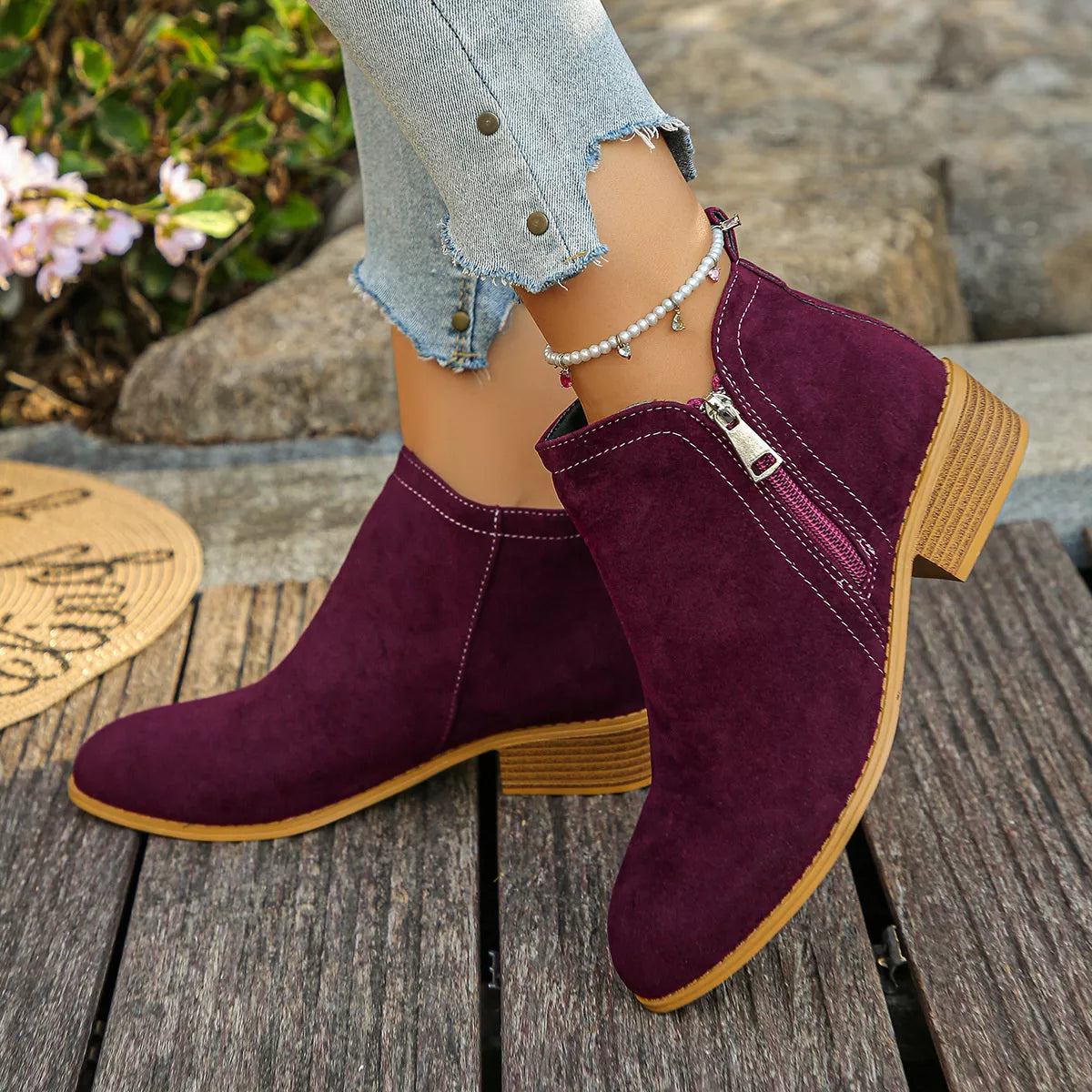 Point toe block heel boots in Burgundy, front view
