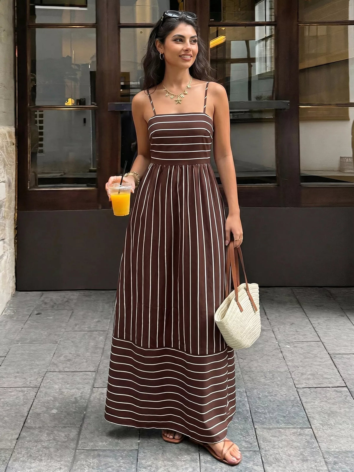 Striped maxi dress strap and shoulder detail