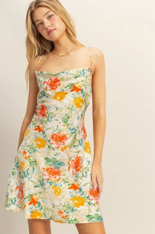 Floral Cowl Neck Flirty Satin Mini Dress