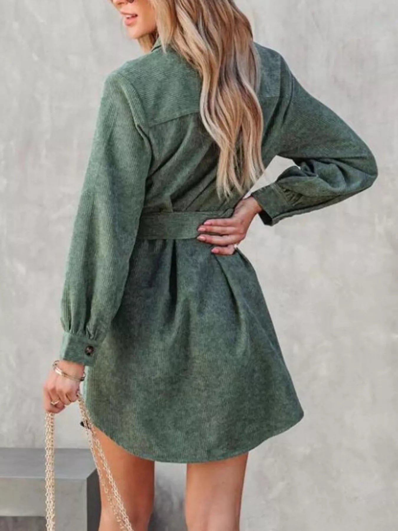 Button Front Belt Long Sleeve Corduroy Dress - Fashorio