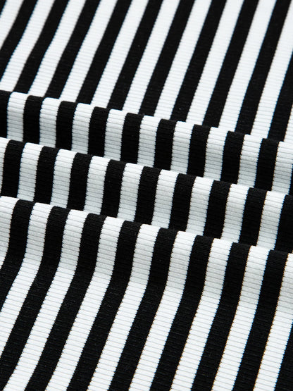 Stripe Double-layer Cold Shoulder Long Sleeve Top - Fashorio