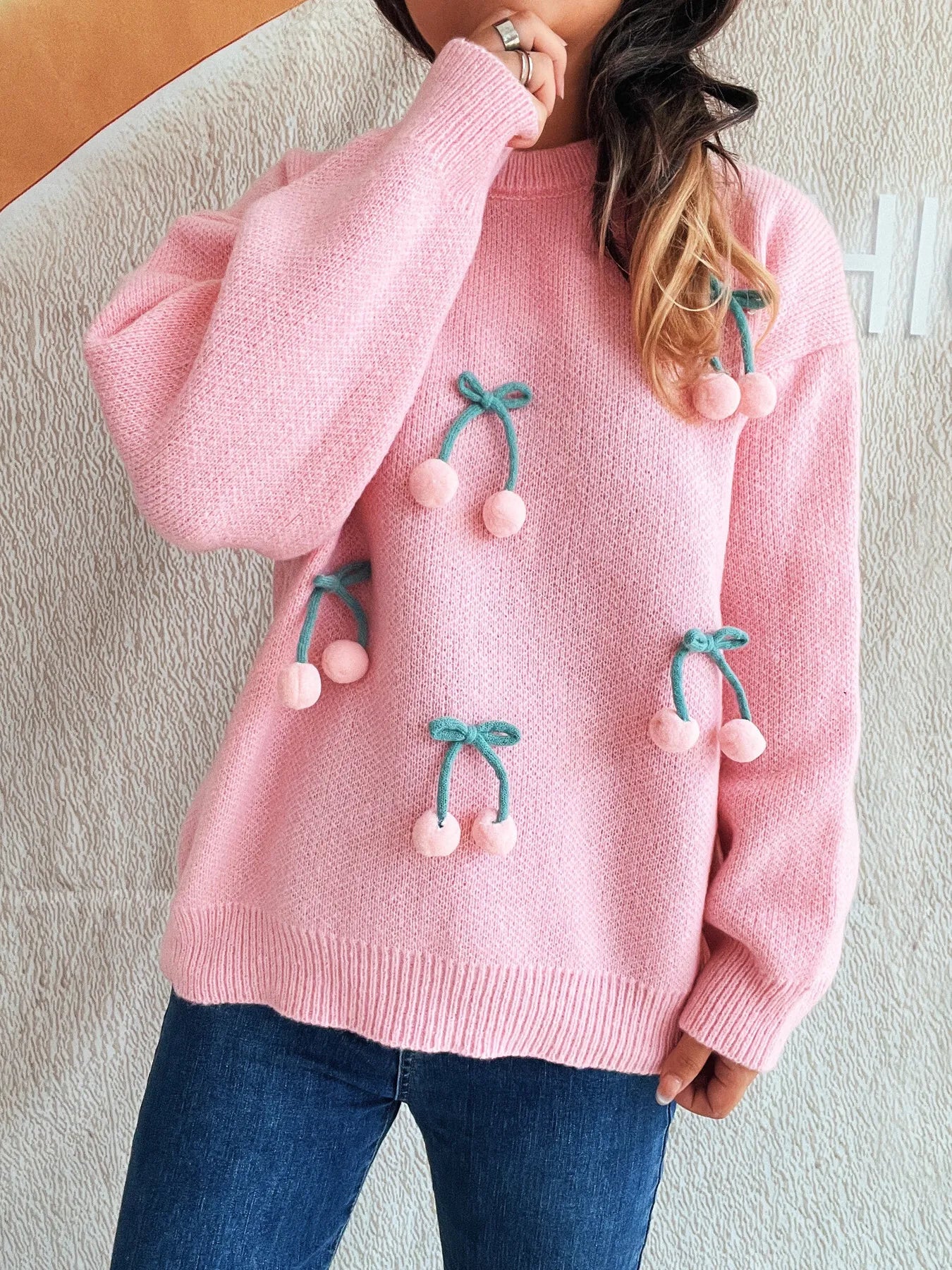 Cherry Round Neck Long Sleeve Sweater - Fashorio