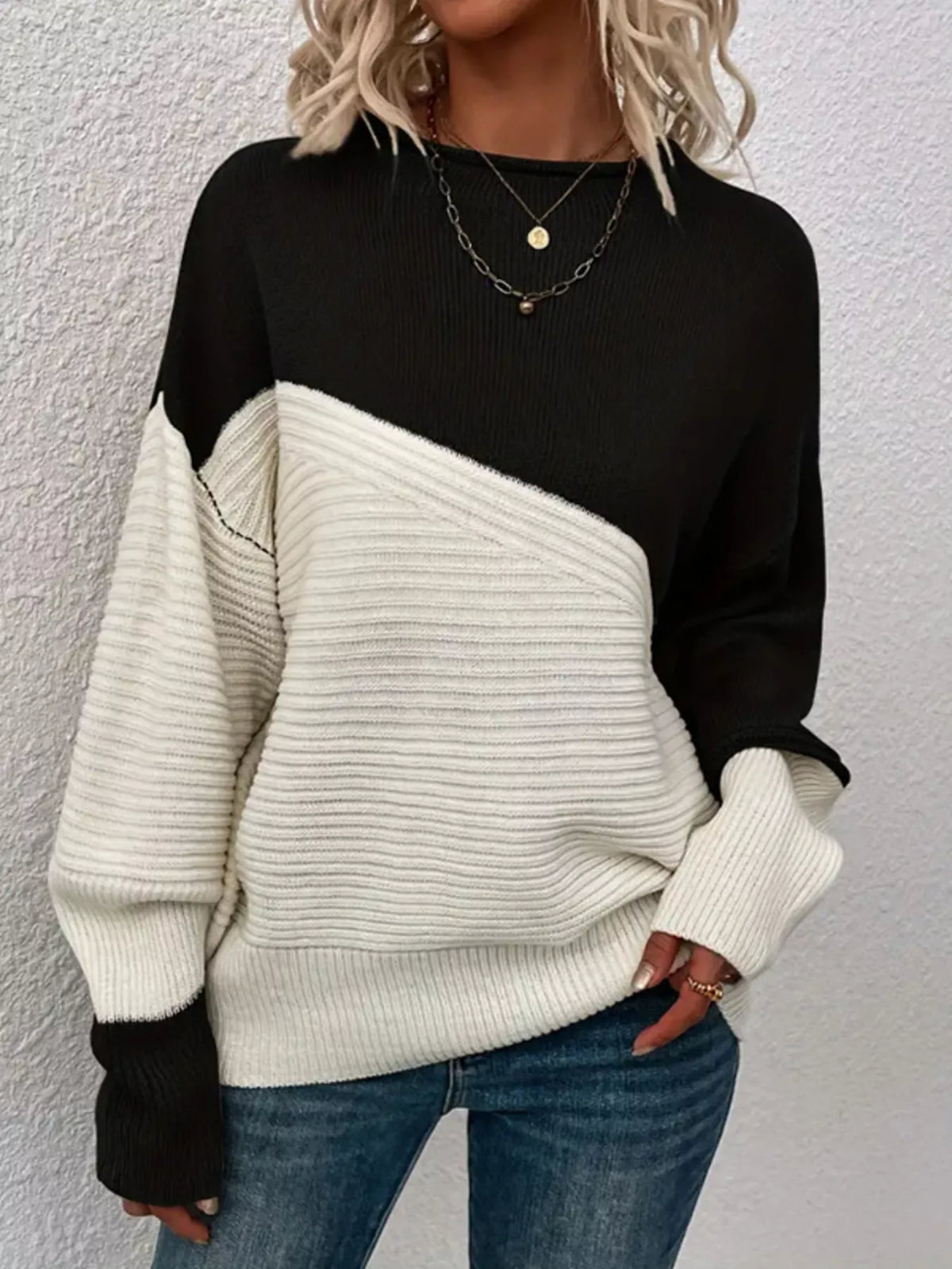 Color Block Ribbed Knit Sweater close up