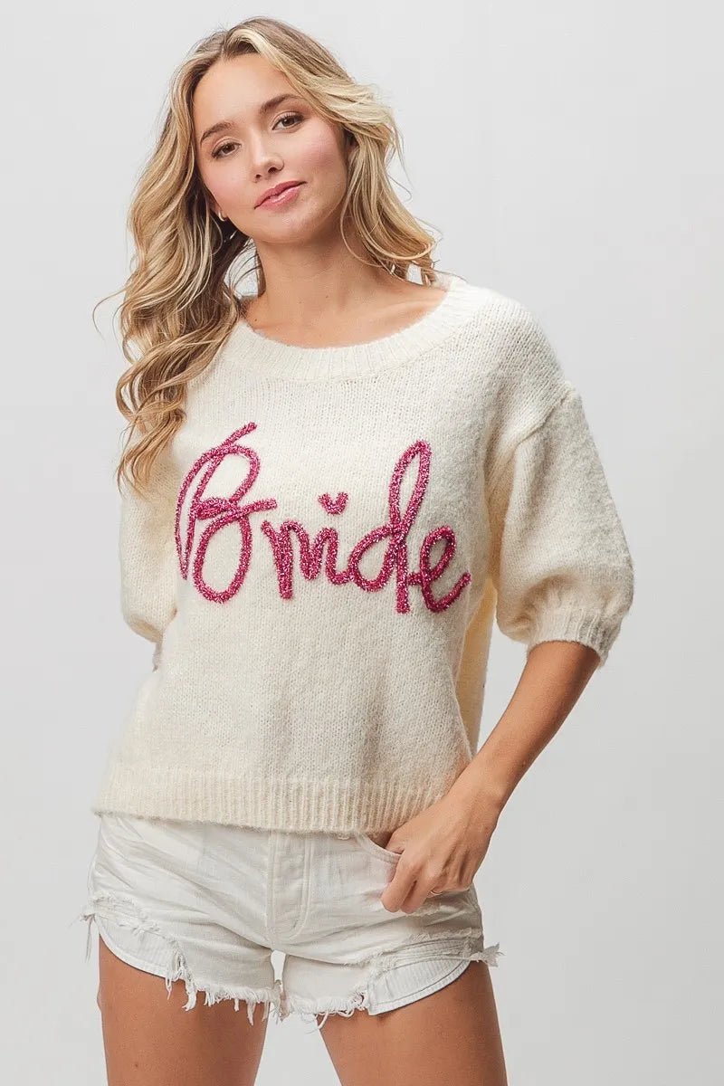 Metallic Letter Fuzzy Puff Sleeve Top in Ivory view 17