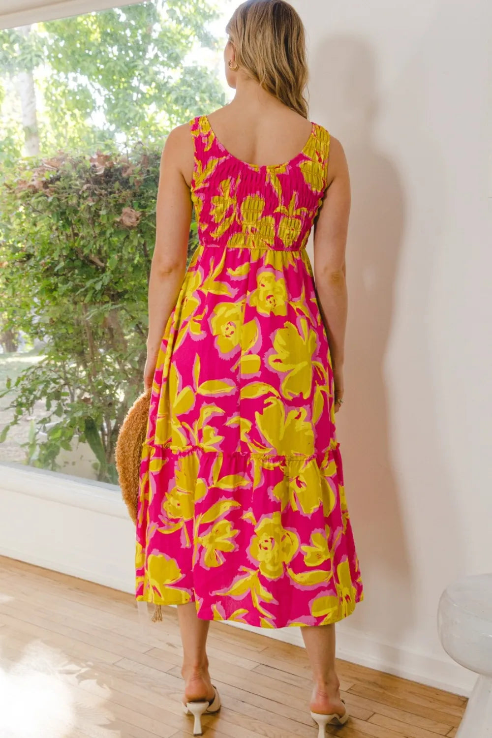 Floral Smocked Ruffle Midi Dress in Hot Pink back view