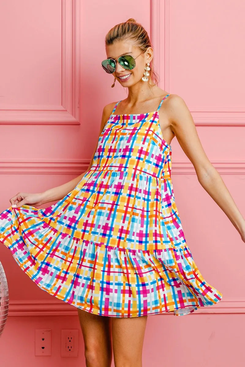 Plaid Sleeveless Sundress in Multi Color view 7