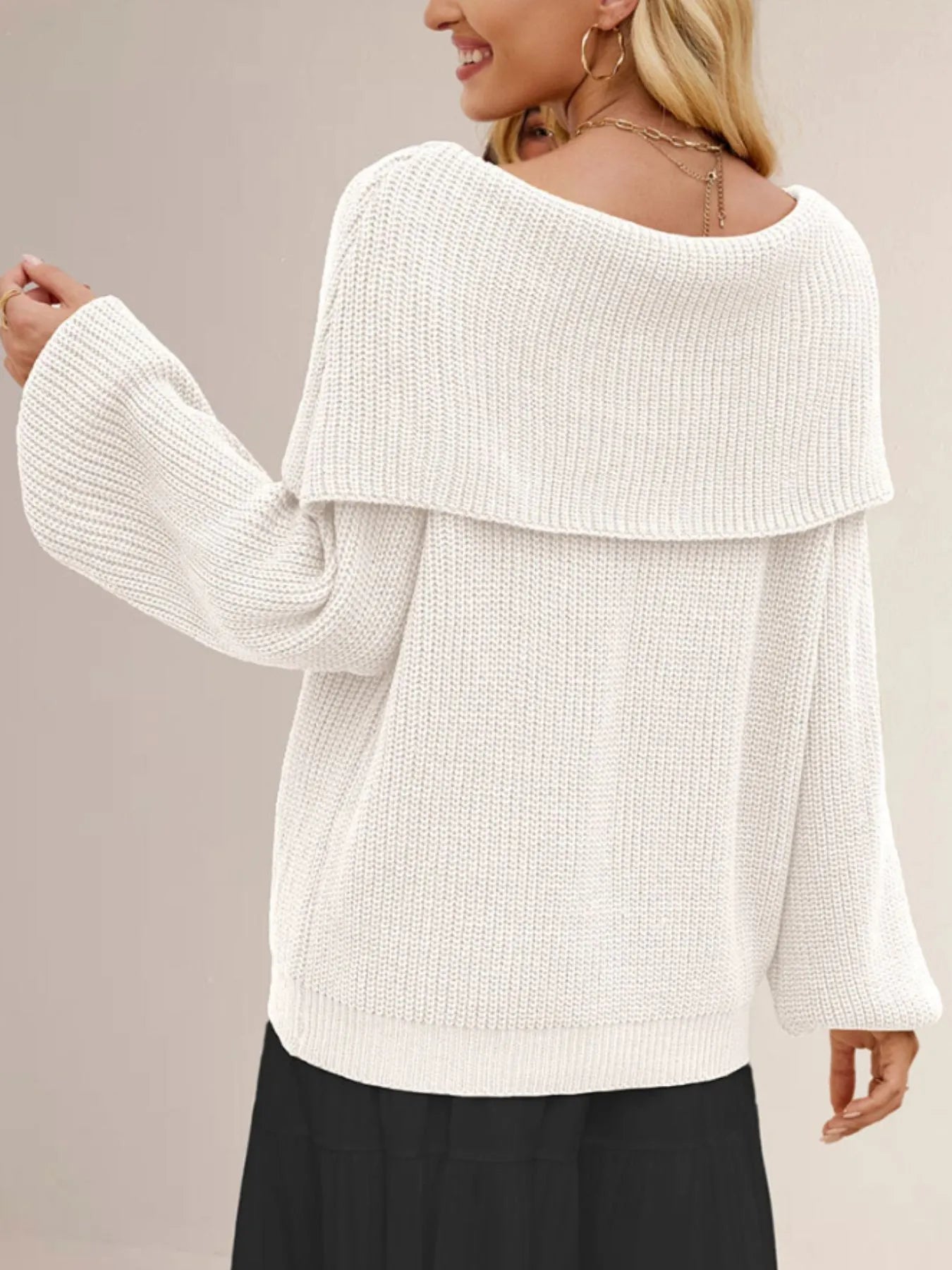 Fold-Over Collar Long Sleeve Sweater - Fashorio