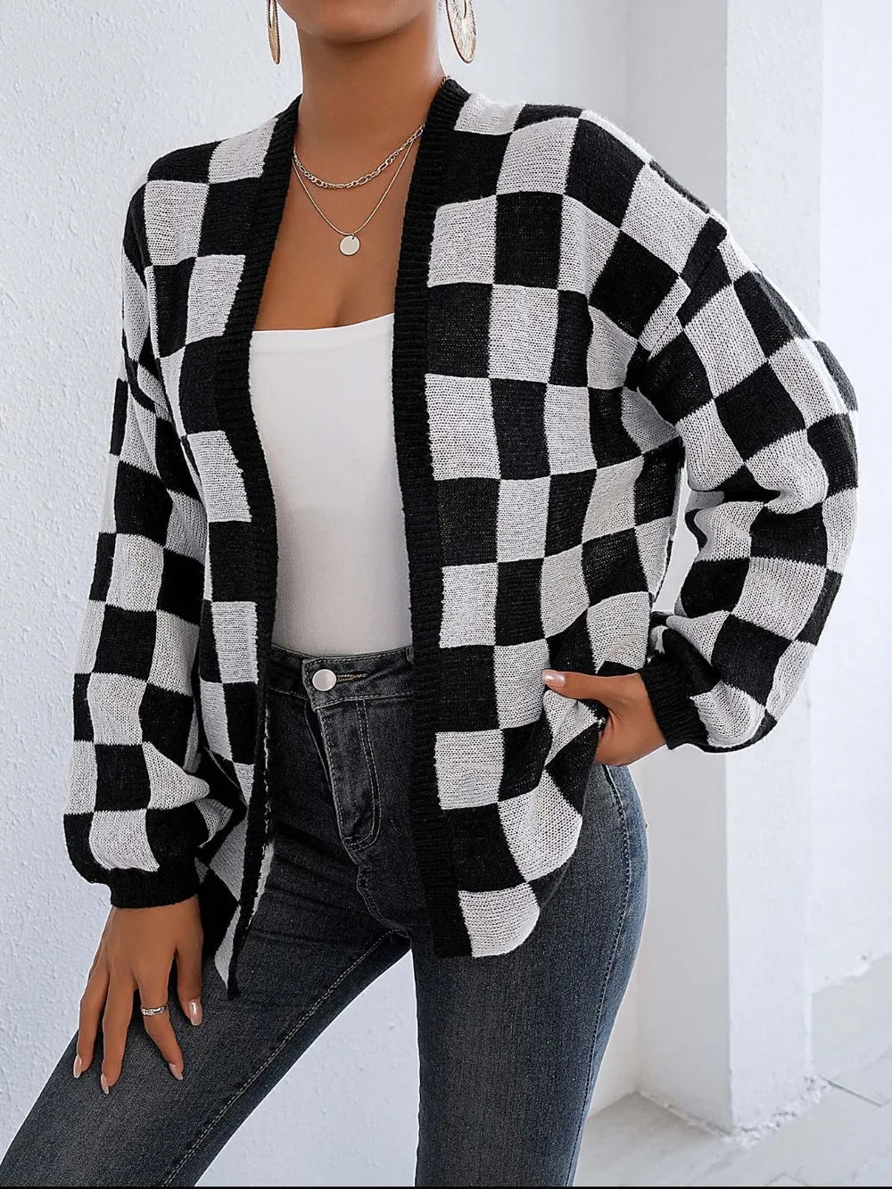Checkered Open Front Long Sleeve Cardigan Black White - Fashorio