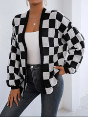 Checkered Open Front Long Sleeve Cardigan Black White - Fashorio