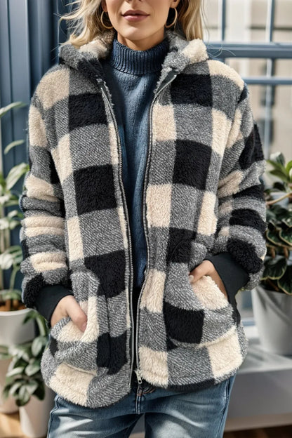 Double Take Full Size Plaid Long Sleeve Hooded Coat Camel - Fashorio