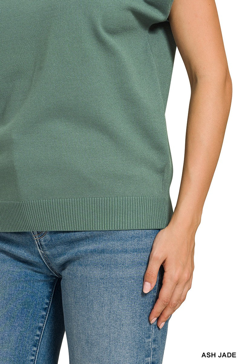 Model wearing jade green short sleeve sweater
