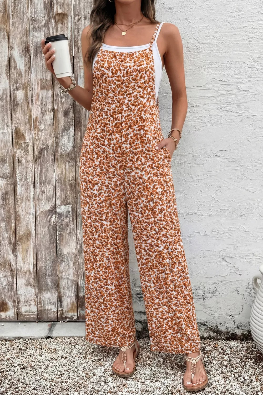 Sherbet floral spaghetti strap wide leg jumpsuit side view
