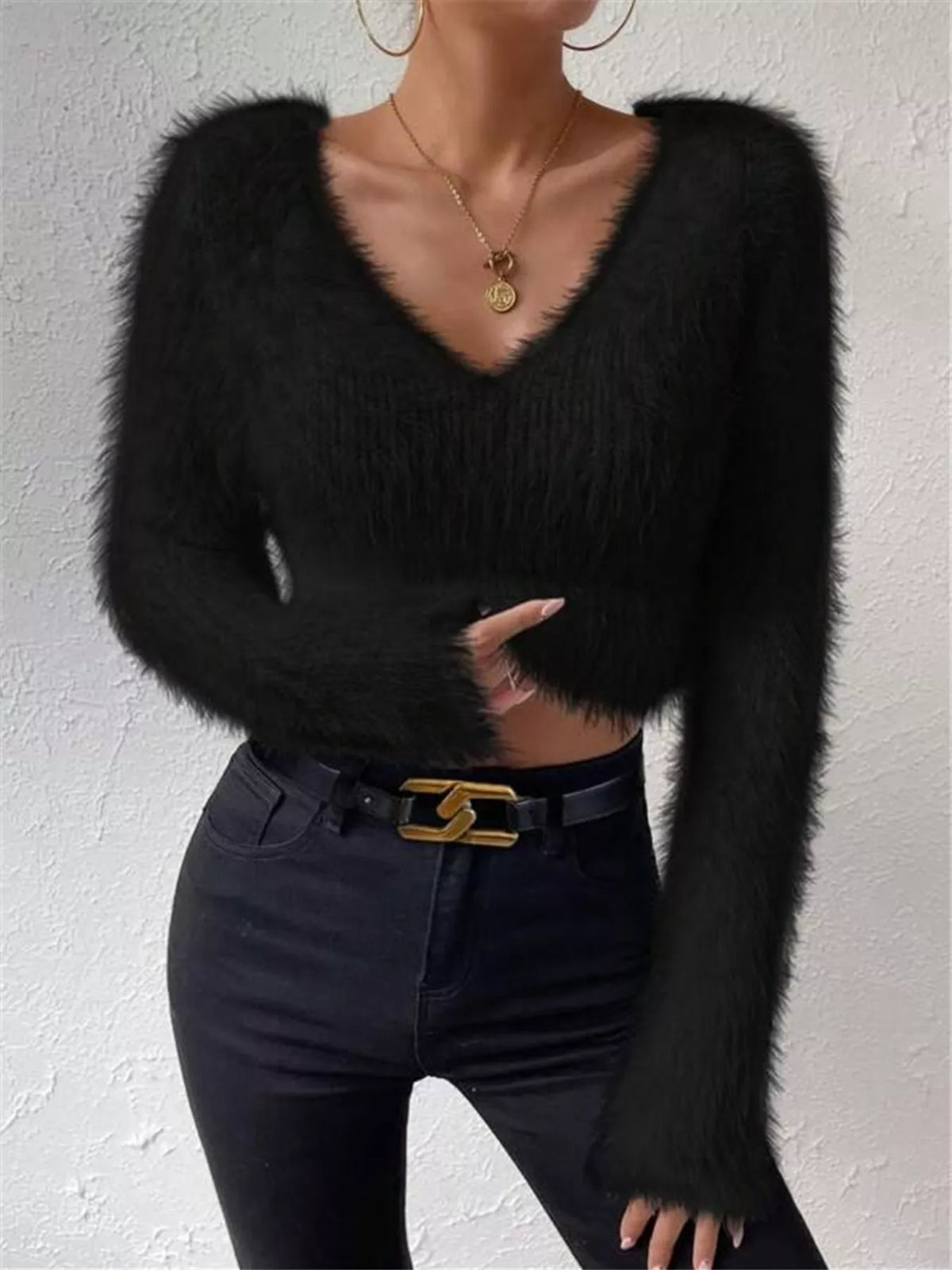 Soft V-neck knit sweater detail