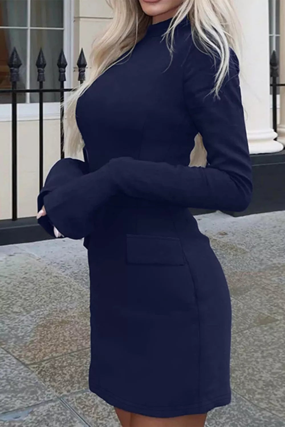 long sleeve mini dress flap pockets side view