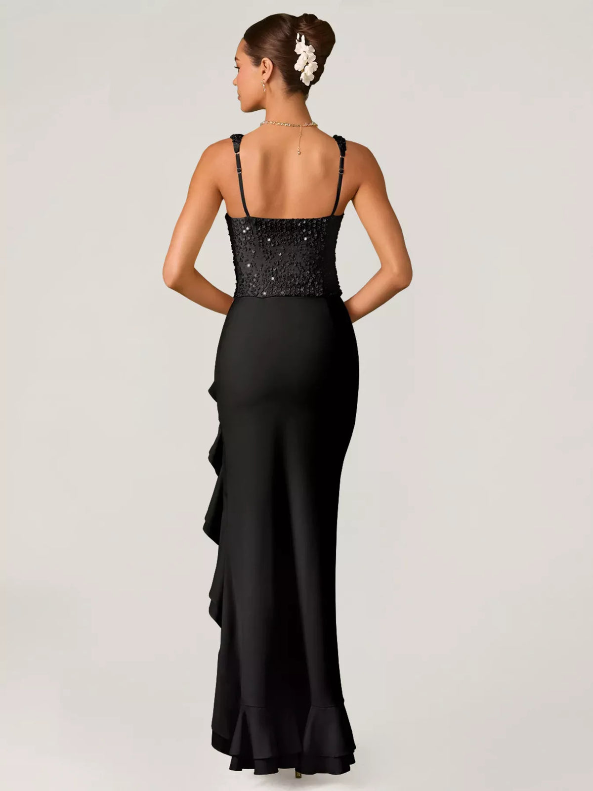 Sequin ruffle hem maxi dress, styled look