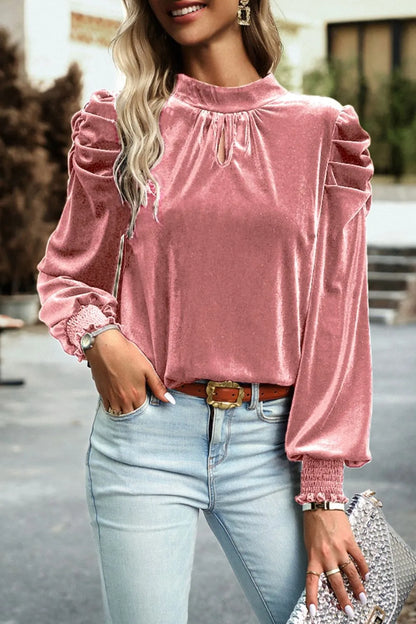 Tie Up Mock Neck Velvet Fabric Long Sleeve Blouse - Fashorio