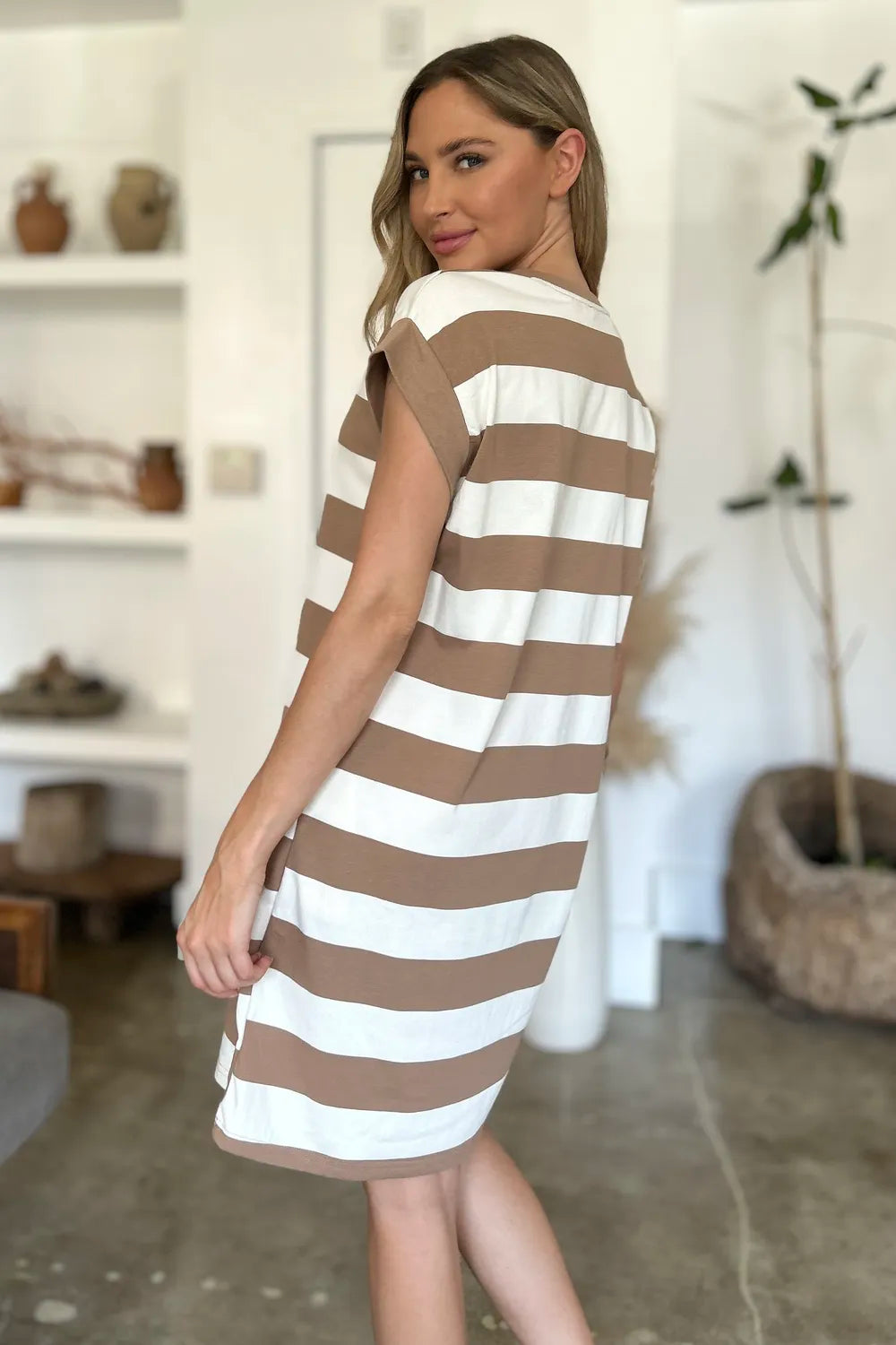 Round neck mini dress fit view on model