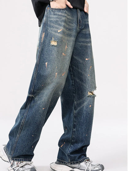 Men's Full Size Distressed Wide Leg Vintage Jeans Plus Size Nostalgic Blue - Fashorio