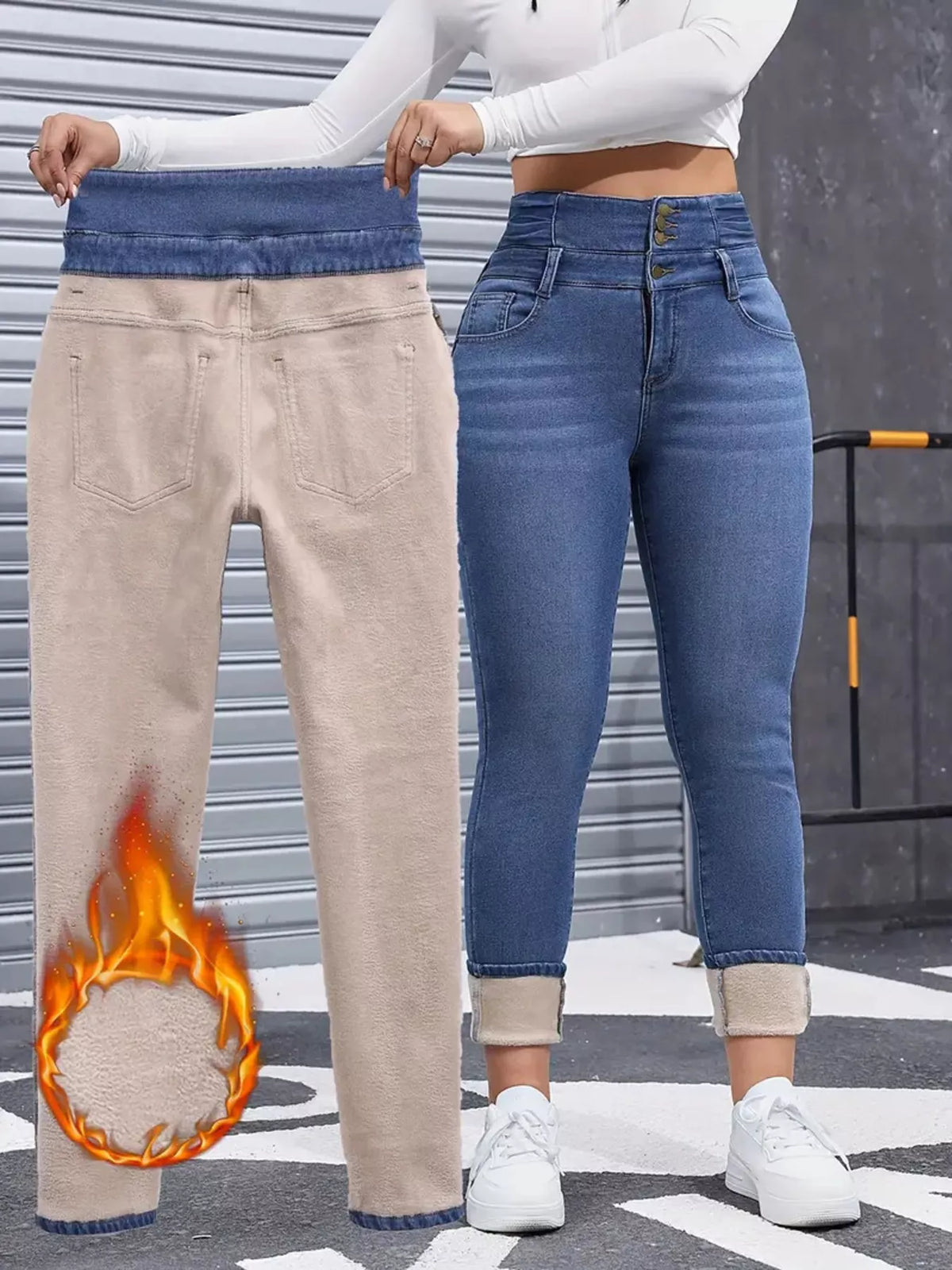 High Waisted Slim Fit Fleece Lined Jeans, view 6