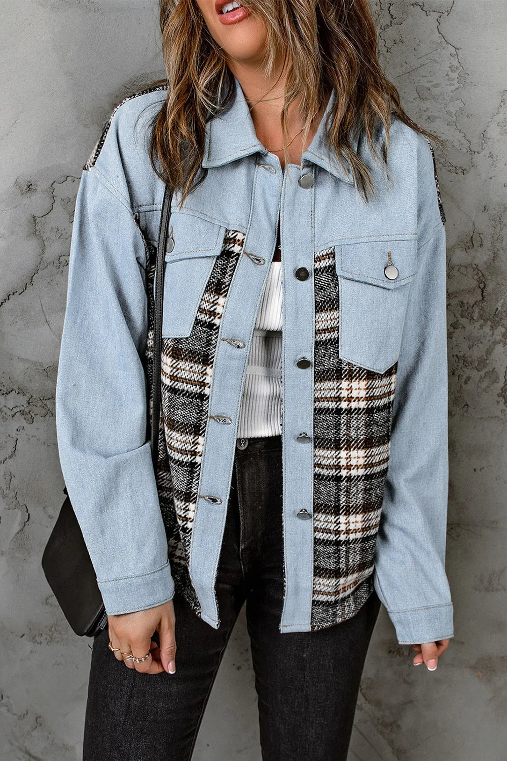 Plaid Pocketed Button Up Denim Jacket Light Blue - Fashorio