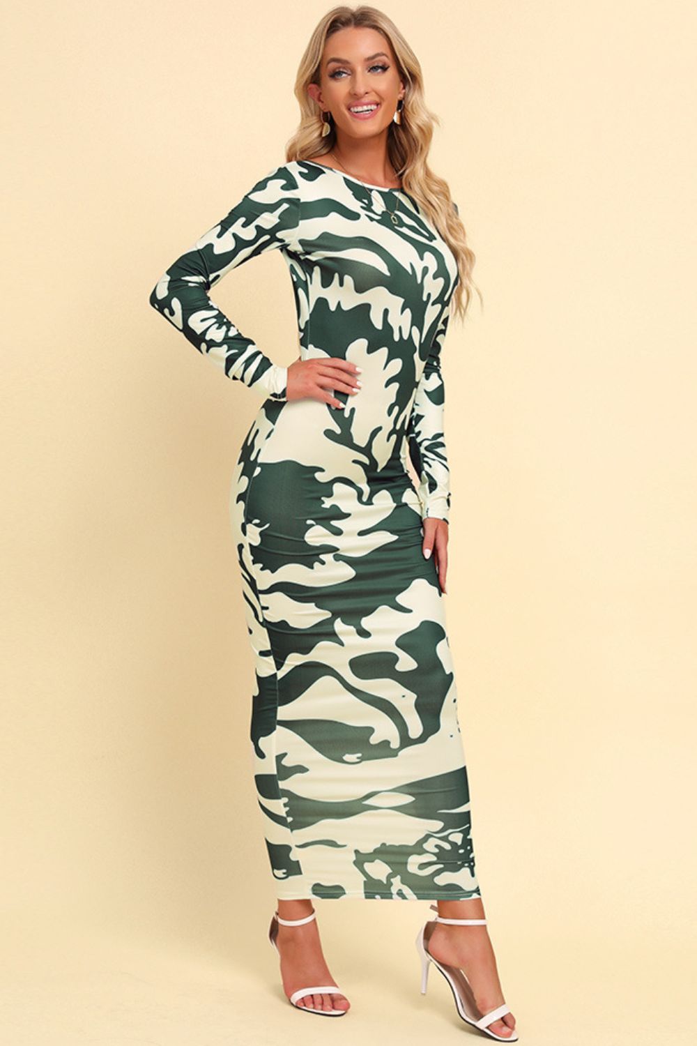 camo print backless long sleeve maxi dress in green camo fabric detail