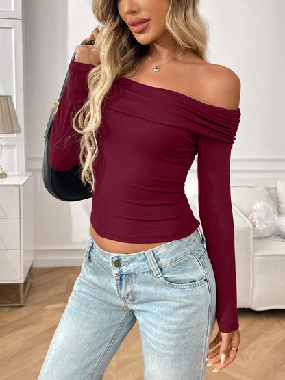 Off-Shoulder Long Sleeve Fitted T-Shirt - Fashorio