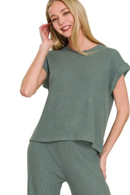 Zenana Rolled Sleeve Top and Pants Sweater Set - Fashorio