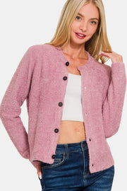 Zenana Button Down Long Sleeve Sweater Cardigan Lt Rose - Fashorio