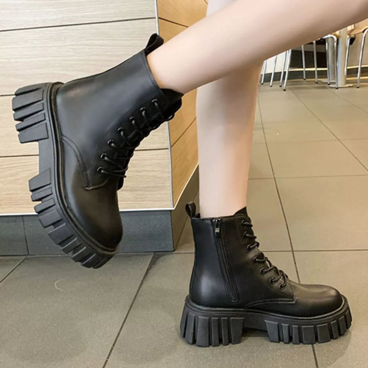 Round toe lace up chunky boots close up of the toe