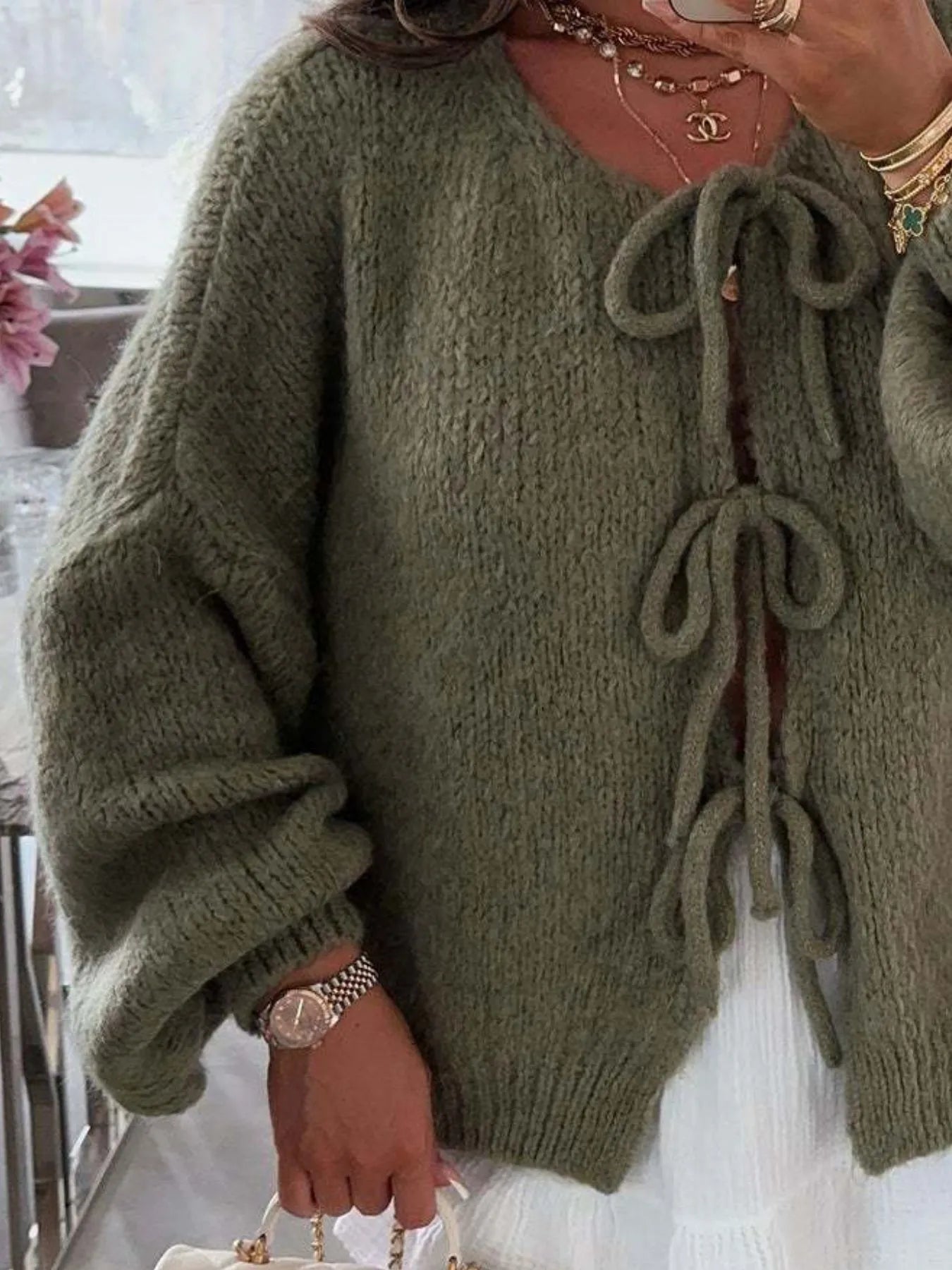 Cozy Bow-Tie Front Knit Cardigan - Fashorio