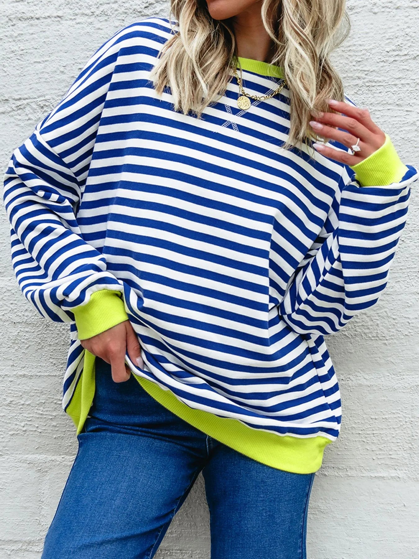 Striped Contrast Ribbed Trim Drop Shoulder Sweatshirt - Fashorio