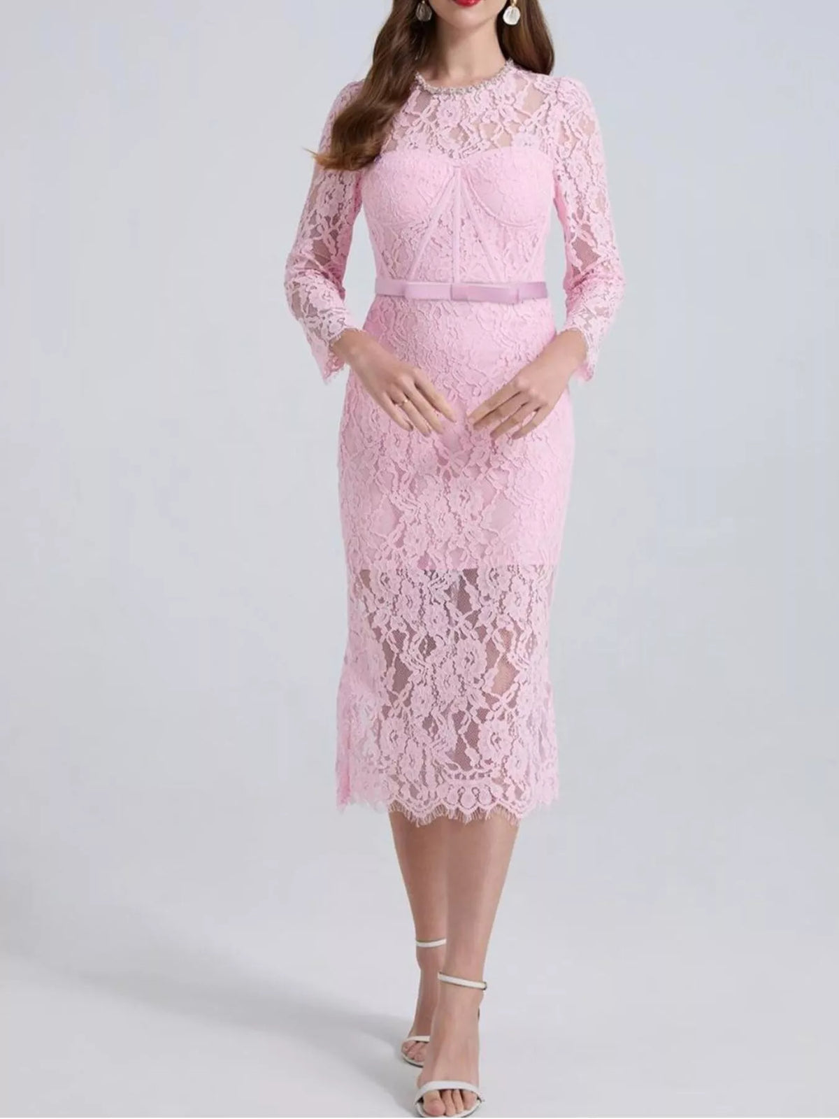 lace long sleeve midi dress back view