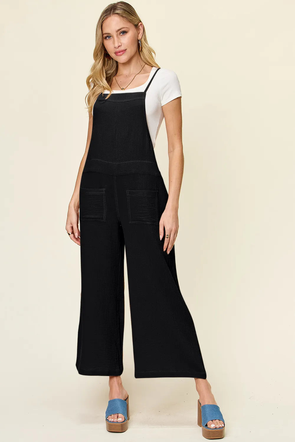 Texture sleeveless wide leg overall front view