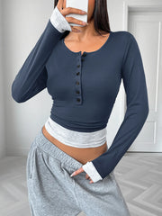 Long Sleeve Button Front Fitted T-Shirt Dark Blue - Fashorio