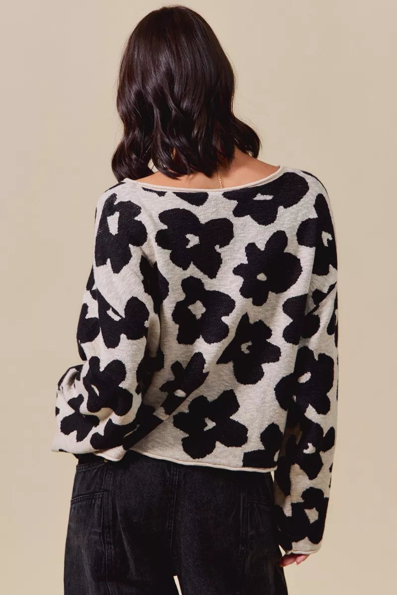 Floral Loose Fit Lightweight Sweater Top in Black and Oatmeal view 8
