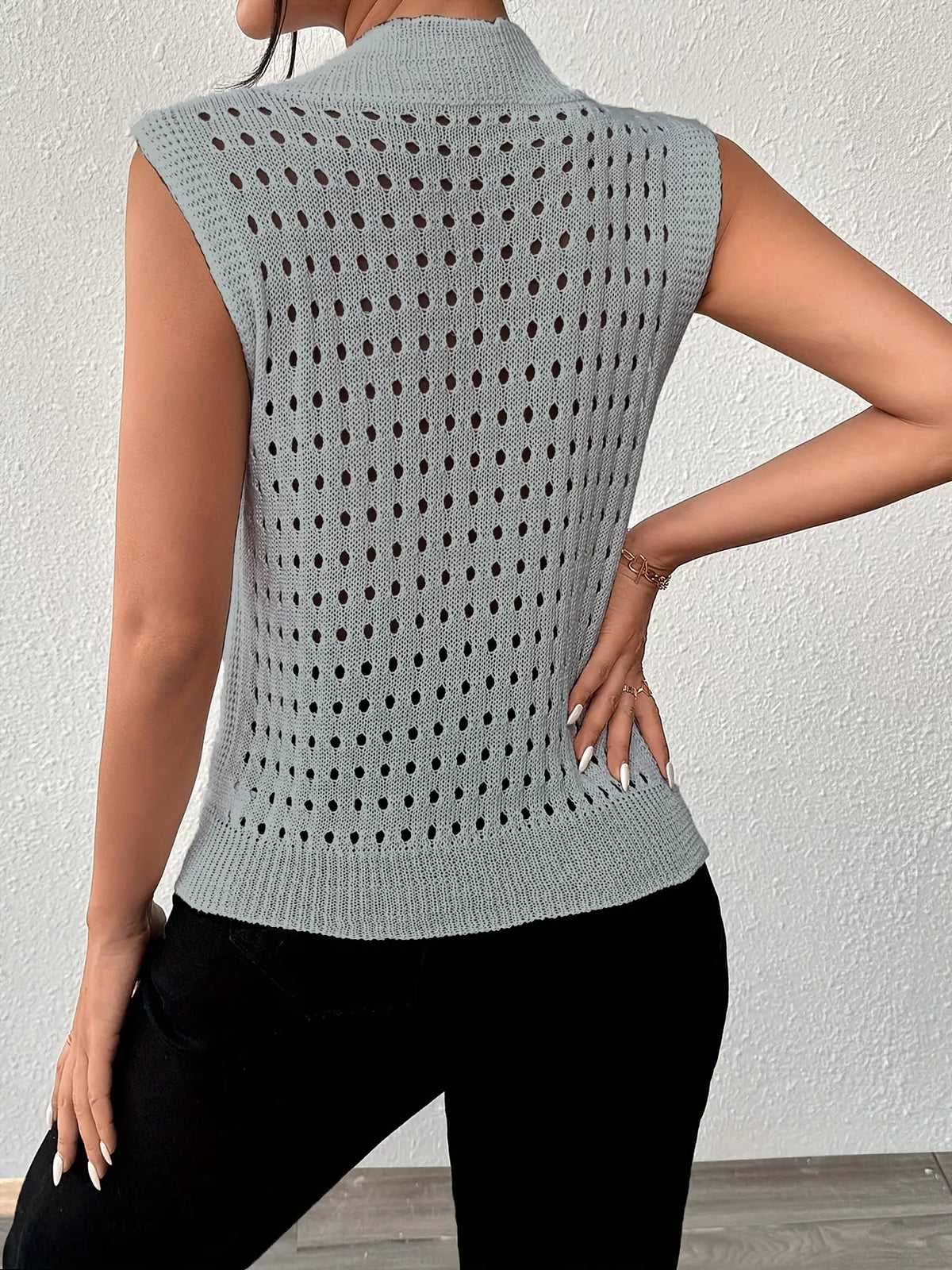 Openwork round neck knit tank back view