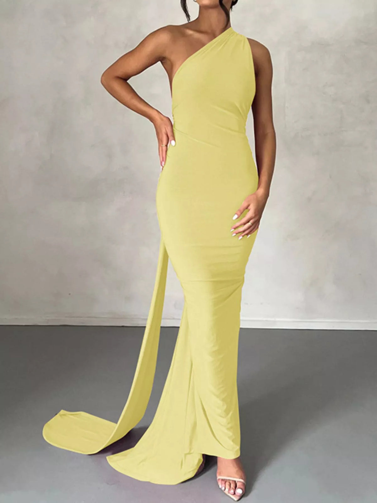 One Shoulder Ruched Bodycon Maxi Dress full length view