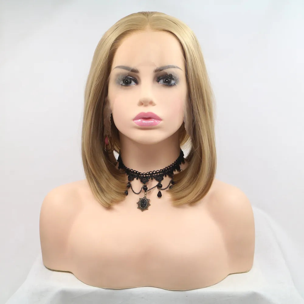 Mid length straight khaki lace front wig front view