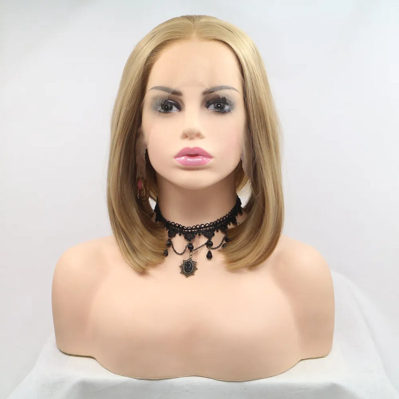 Mid length straight khaki lace front wig front view