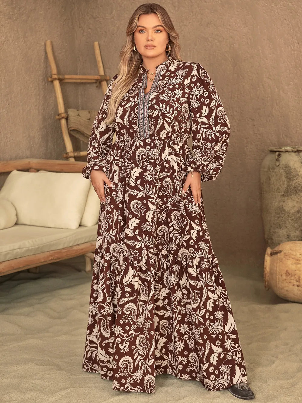 Plus size notched balloon sleeve maxi dress in chocolate front view