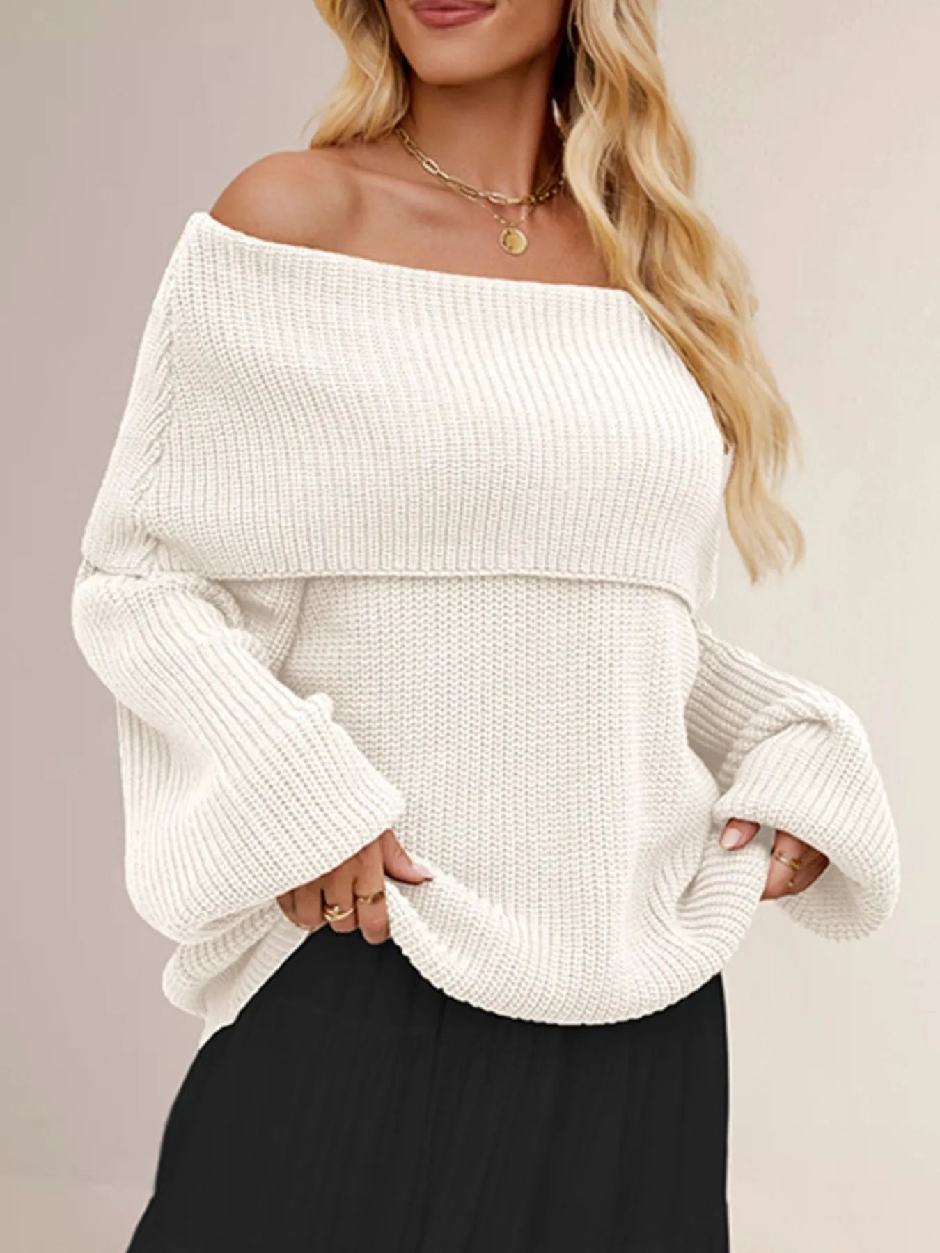 Fold-Over Collar Long Sleeve Sweater - Fashorio