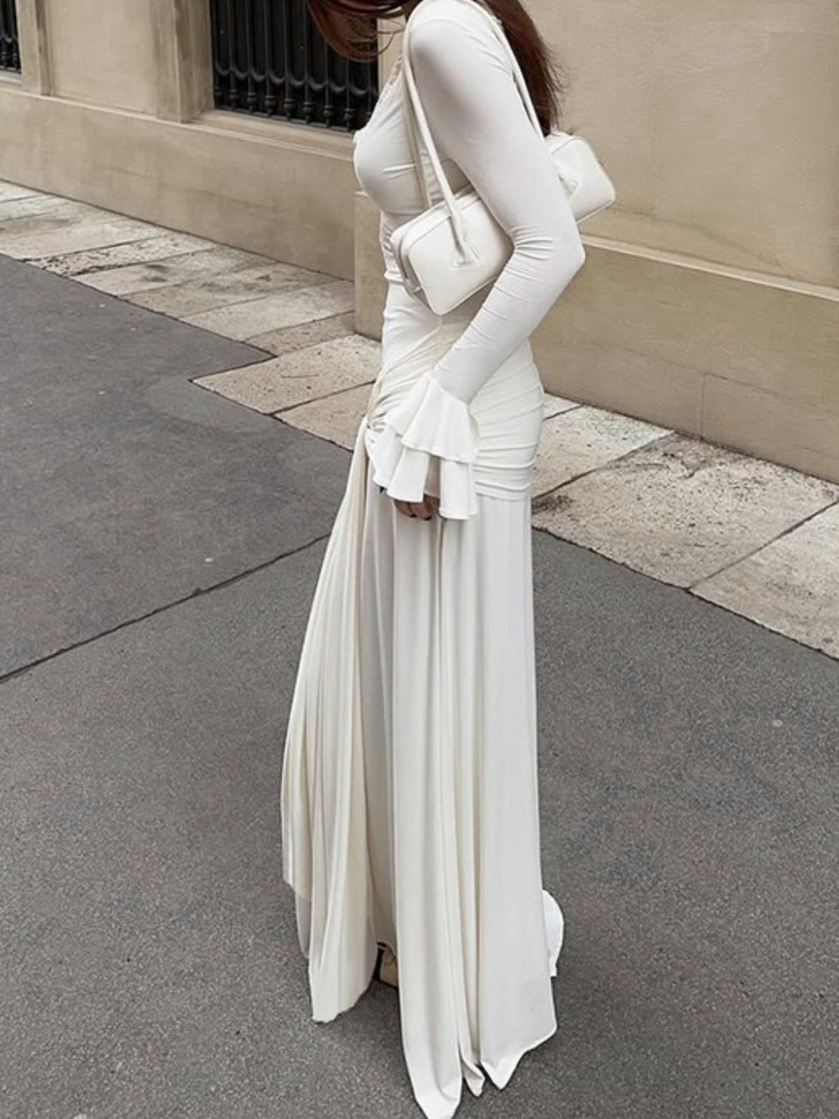 white lace trim long sleeve maxi dress side view