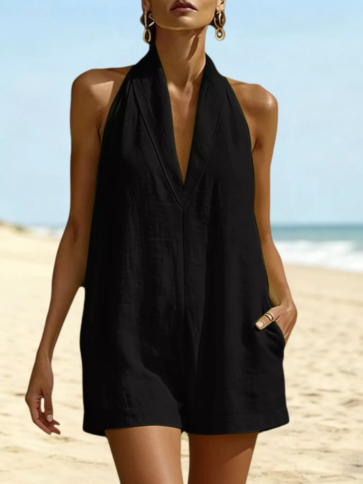 Halter neck romper with pockets back view